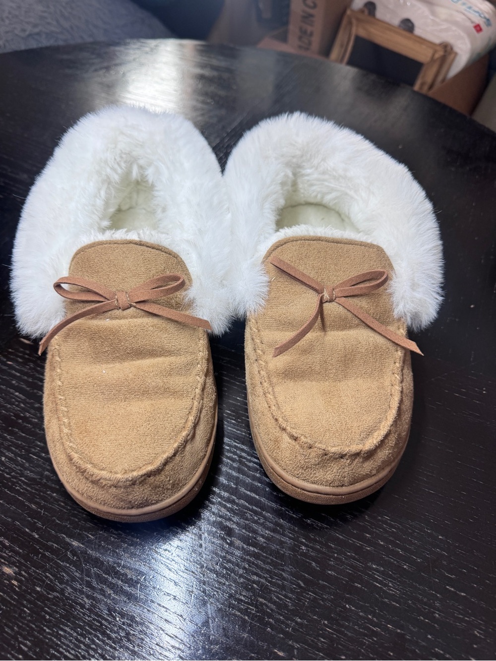 Moccasin Slippers with White Faux Fur Lining